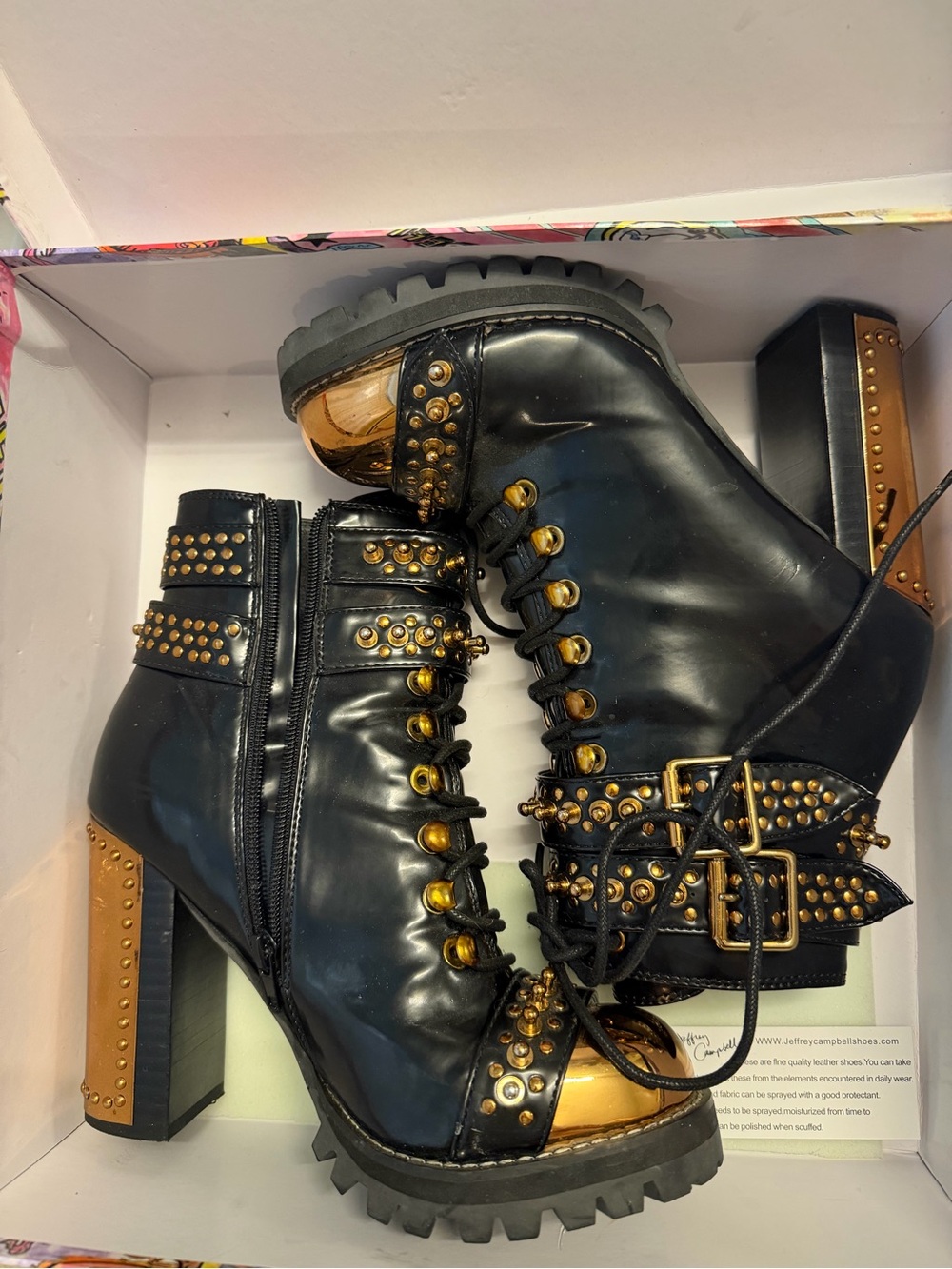 Jeffrey Campbell Black Leather Lace-Up Ankle Boots with Gold Studs